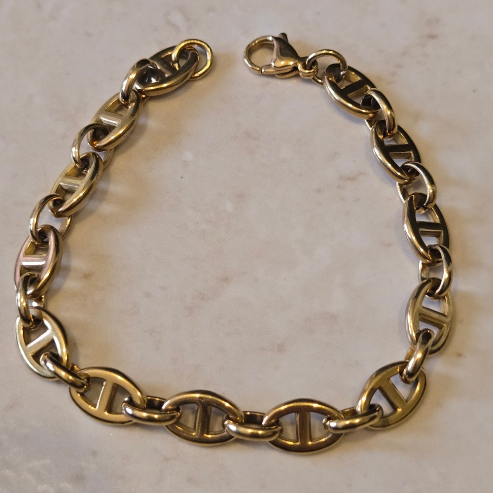 Gold Tone Anchor Mariner Link Bracelet Lobster Clasp 7.75 Inch Nautical Jewelry